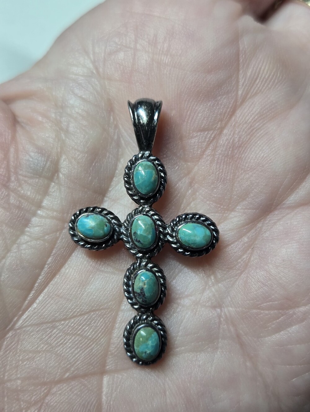 Sterling Silver Turquoise Cross Pendant - Blue Green Stones